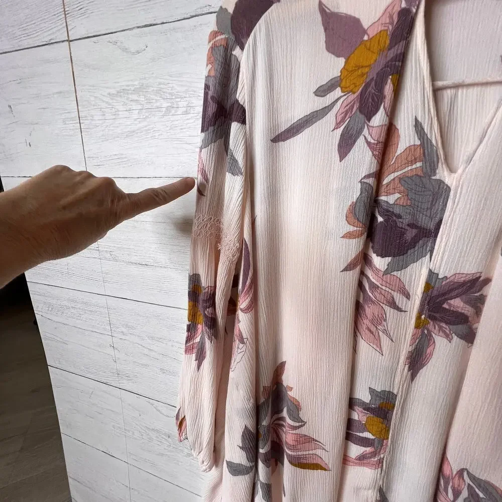 Free People Dress Womens Size XS Pink Floral Tree Swing Tunic Puff Sleeves
